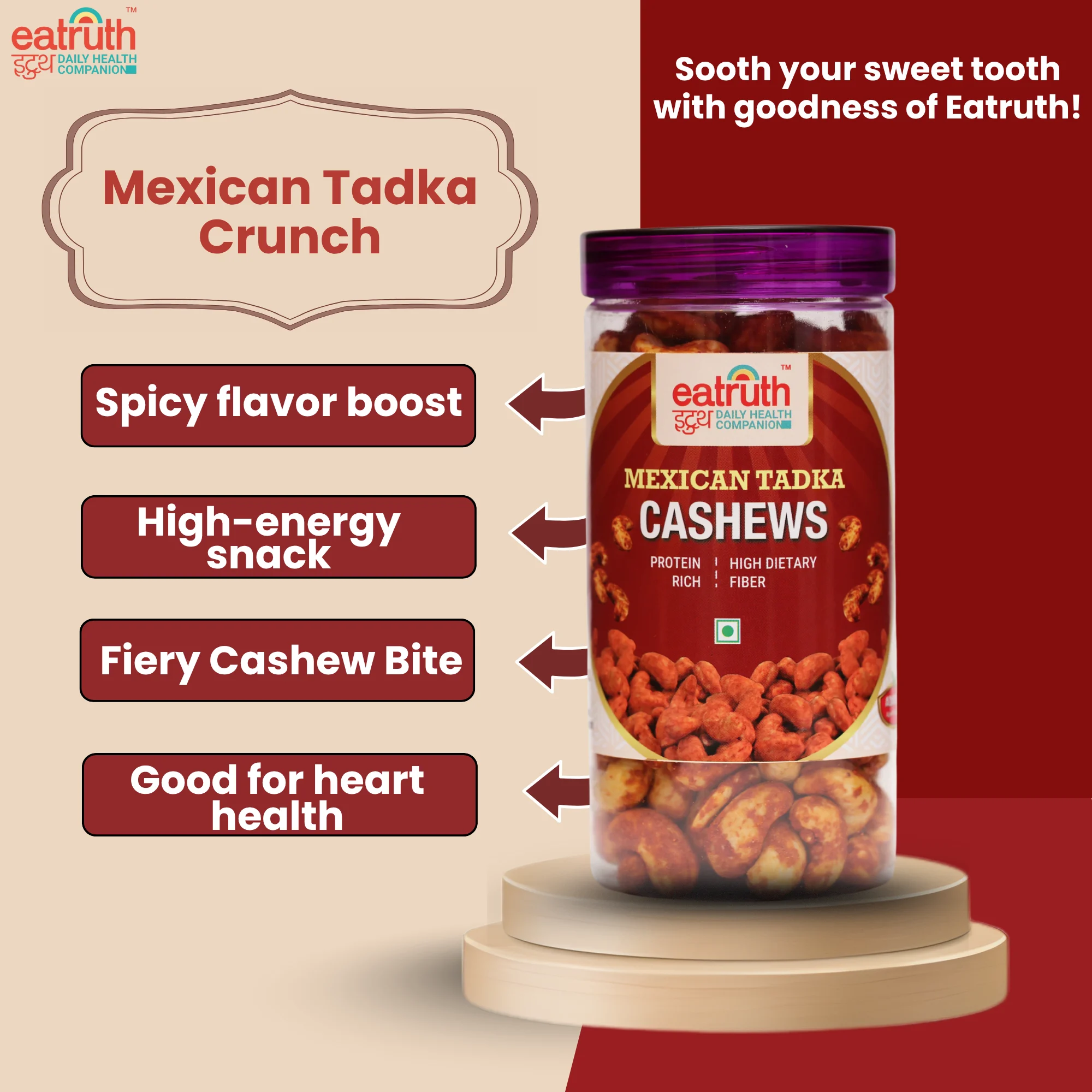 Eatruth Mexican Tadka Cashews jar – spicy flavored roasted cashews, high-energy healthy snack rich in protein and dietary fiber