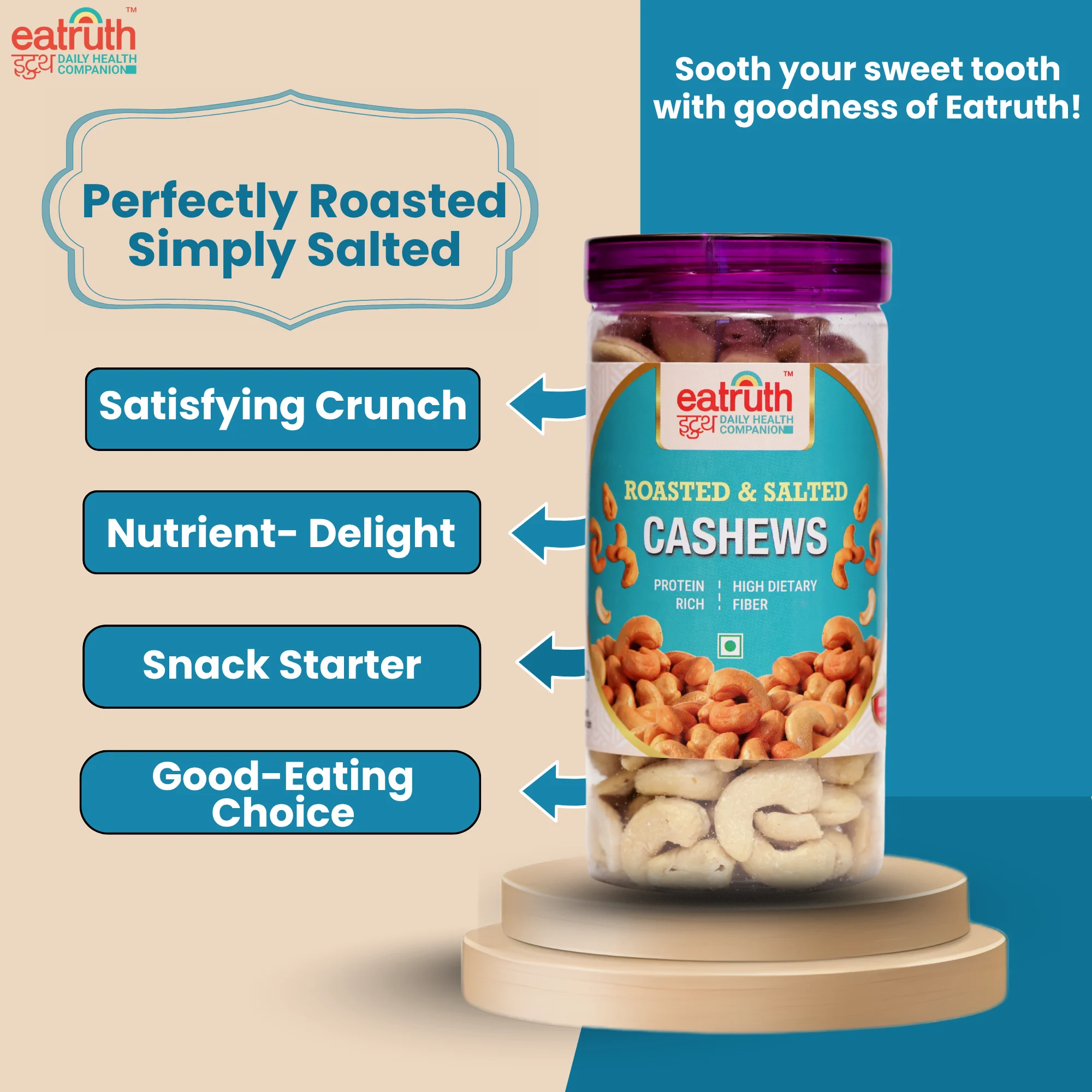 Eatruth roasted and salted cashews jar showing protein rich healthy snack with satisfying crunch