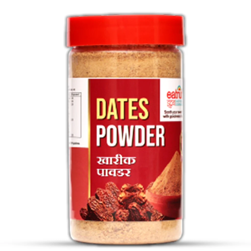 A 250g jar of Eatruth Dry Dates Powder, also known as Kharik Powder, featuring a red lid and a label with images of whole dried dates. This 100% natural sweetener is a healthy alternative to sugar, perfect for baby food, smoothies, and desserts.