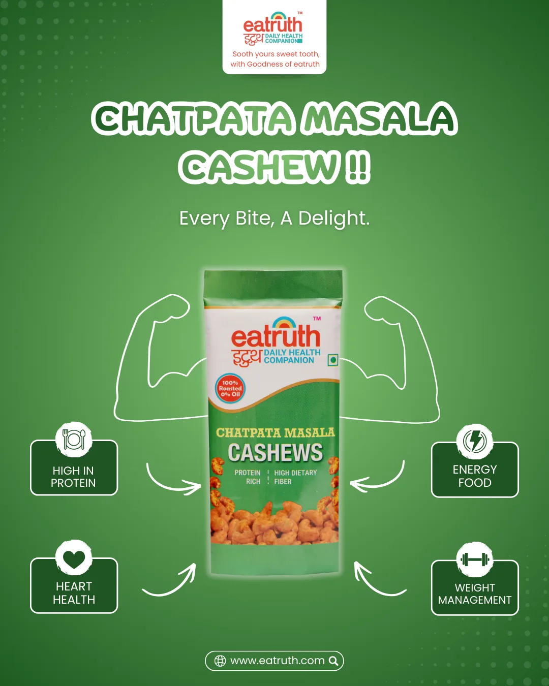 Chatpata Masala Cashews by EaTruth – spicy roasted cashew nuts rich in protein and fiber, energy boosting healthy snack